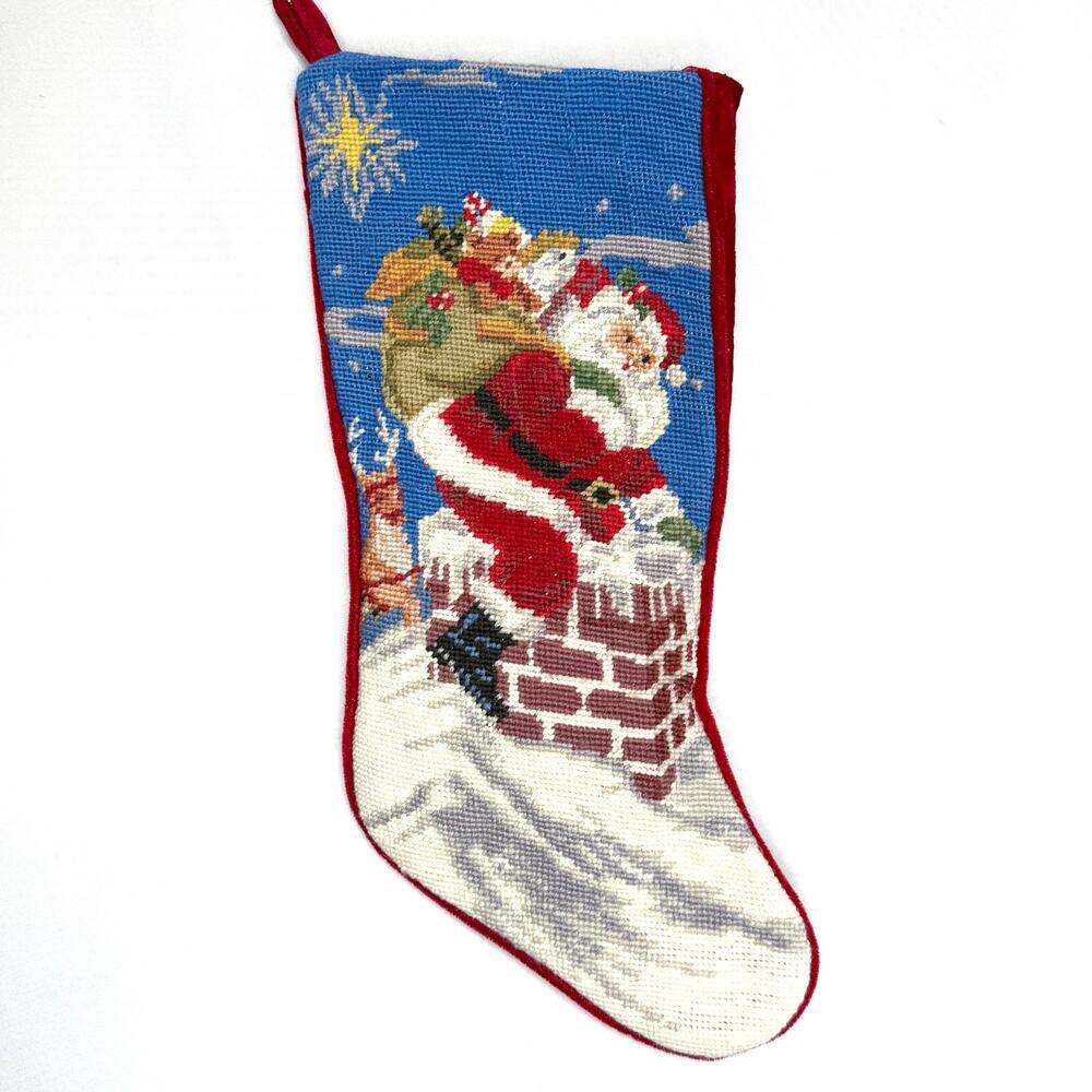 Wool Needlepoint Stocking Santa Claus Reindeer Chimney Rooftop Christmas Decor